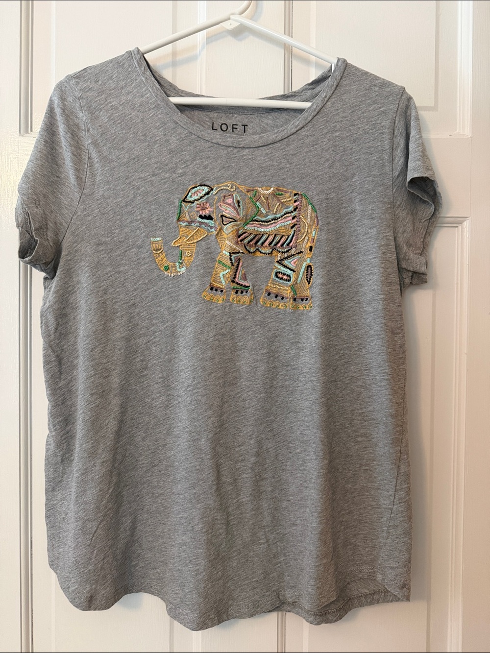 LOFT Gray Tee with Colorful Embroidered Elephant